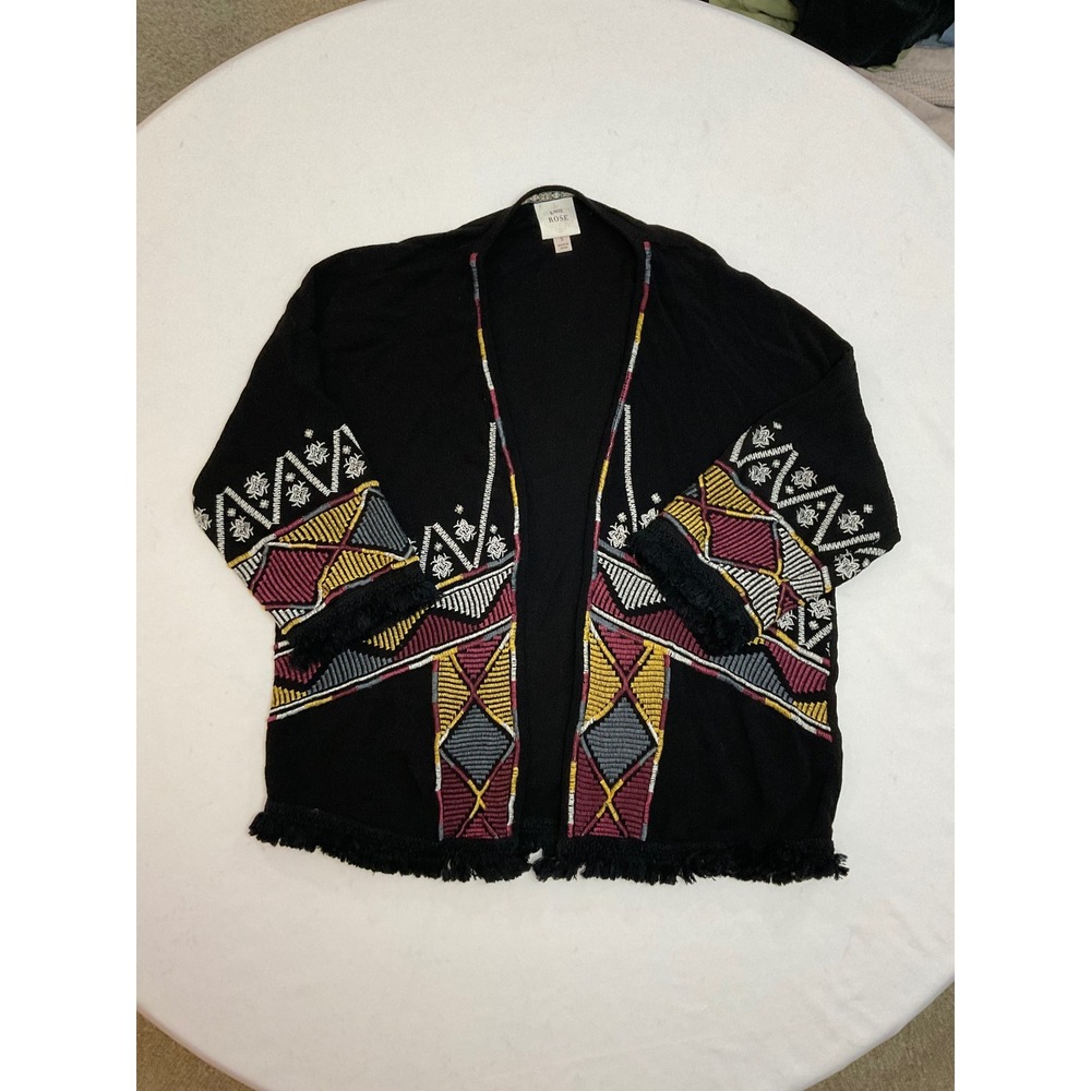 Knox Rose Black Embroidered Fringe Open Front Cardigan Boho Kimono Small